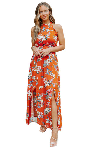 Orange Halter Neck Sleeveless Floral Dress with Slits LC619216-14