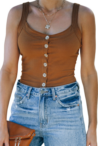 Brown Button-up Ribbed Knit Slim-fit Tank Top LC2565663-17