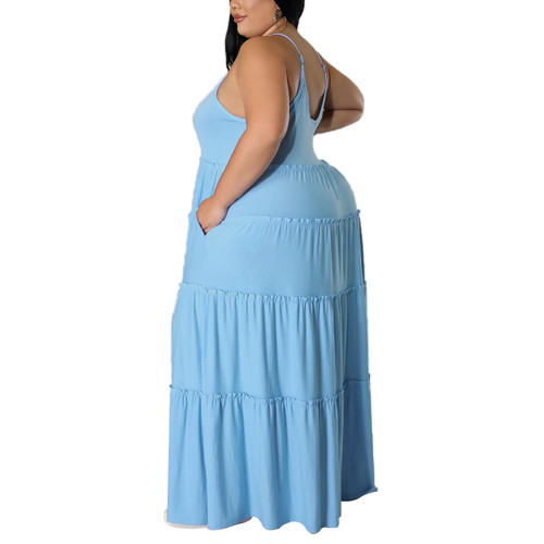 Light Blue Pocket Casual Plus Size Long Dress TQK311079-30