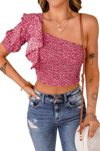 Pink Floral Print Shirred Ruffled One Shoulder Crop Top LC2565665-10