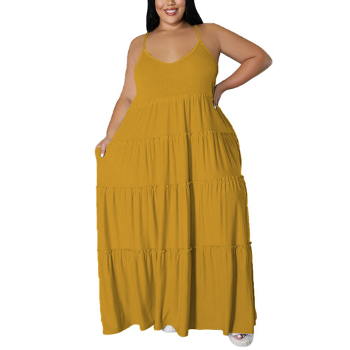Yellow Pocket Casual Plus Size Long Dress TQK311079-7