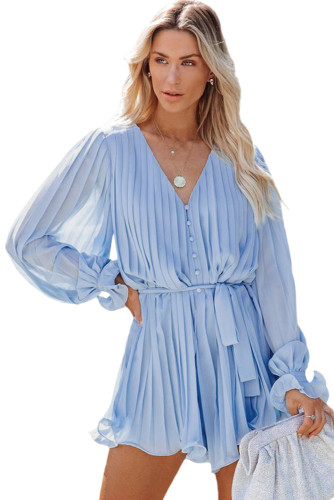 Sky Blue Pleated Ruffled Tie Waist Buttons V Neck Romper LC643761-4