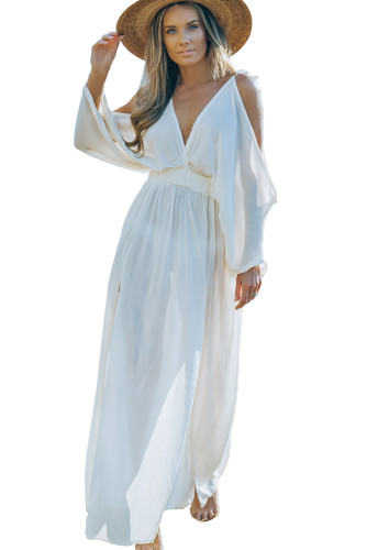 White Cold Shoulder Side Slit Deep V Neck Maxi Dress LC6110432-1