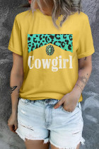 Yellow Western Cowgirl Letter Leopard Color Block Graphic Tee LC25216546-7