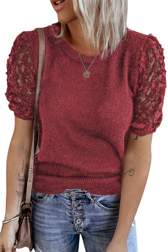 Red Sheer Sleeve Knit T-shirt LC2514888-3