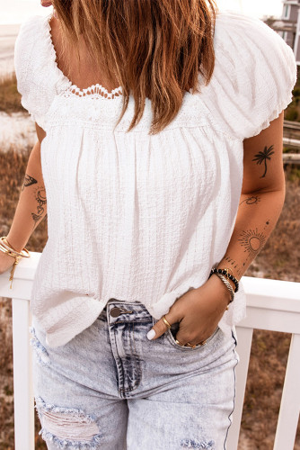 White Lace Crochet Lace-up Open Back Puff Sleeve Top LC25113574-1