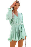 Green Pleated Ruffled Tie Waist Buttons V Neck Romper LC643761-9
