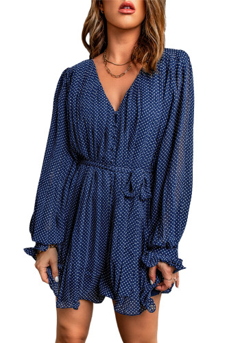 Blue Pleated Ruffled Tie Waist Buttons V Neck Romper LC643761-5