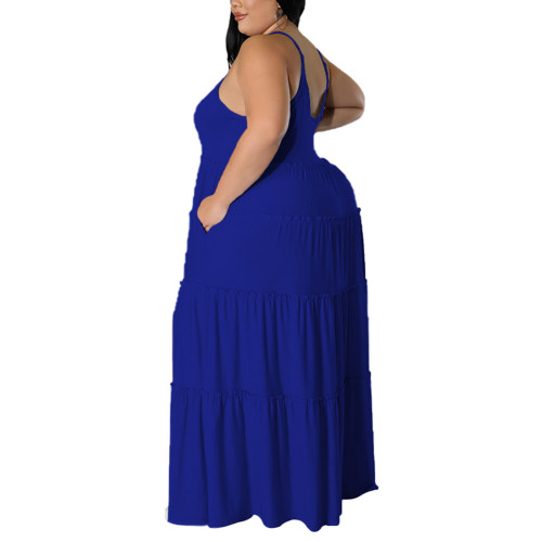 Blue Pocket Casual Plus Size Long Dress TQK311079-5