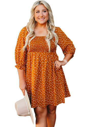 Yellow Boho Dotted Print Smocked Bust Plus Size Dress PL61041-7