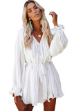 White Pleated Ruffled Tie Waist Buttons V Neck Romper LC643761-1