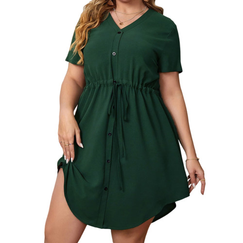 Dark Green V Neck Drawstring Waist Plus Size Dress TQK311078-36