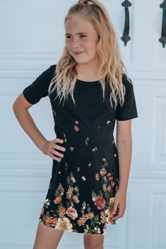 Black Family Matching Floral Print Short Sleeve Girl's Mini Dress TZ25928-2
