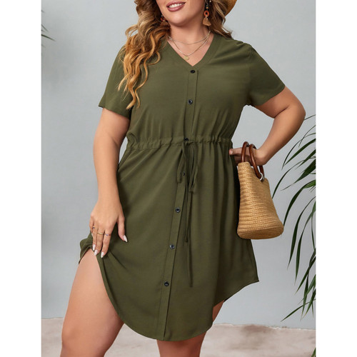 Army Green V Neck Drawstring Waist Plus Size Dress TQK311078-27