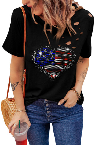 Black Shiny American Flag Heart Shape Print Ripped Graphic Tee LC25216662-2