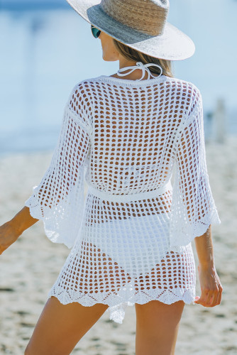 White Hollow-out Crochet Wrap V Neck Lace-up Beach Cover Up LC421567-1