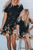 Black Family Matching Floral Print Short Sleeve Girl's Mini Dress TZ25928-2