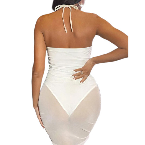 White Mesh Pleated Off the Shoulder Bodycon Dress TQK311048-1