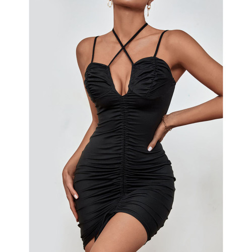 Black Solid Criss-cross Pleated Clubwear Bodycon Dress TQK311043-2