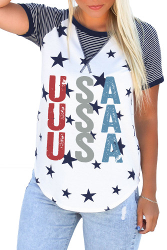 White USA Star Printed Color Block Crew Neck T Shirt LC25217090-1