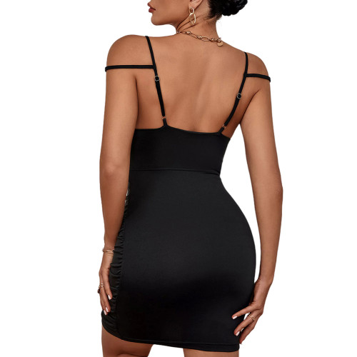 Black Solid Hollow-out Pleated Bodycon Club Dress TQK311044-2