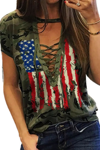 Green Camo American Flag Print Lace Up T-shirt LC25215818-9