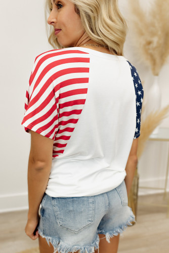 White American Flag Sunflower Color Block V Neck T Shirt LC25217266-1