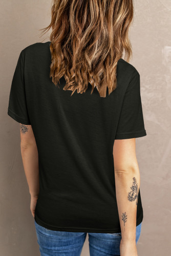 Black V Neck Buttoned Short Sleeve Tee with Pocket LC25210498-2