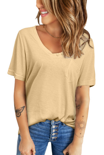 Khaki V Neck Buttoned Short Sleeve Tee with Pocket LC25210498-16