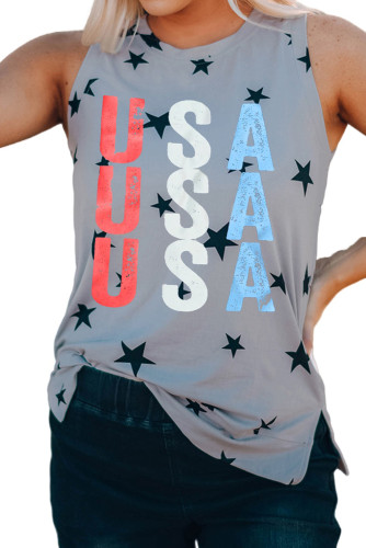 Gray USA Letter Stars Printed Crew Neck Tank Top with Slits LC2566724-11