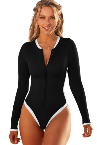 Black Colorblock Trim Zip Front Long Sleeve Rash Guard Swimsuit  LC481096-2