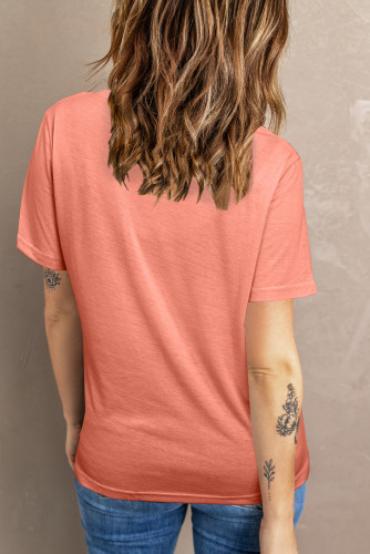 Red V Neck Buttoned Short Sleeve Tee with Pocket LC25210498-3