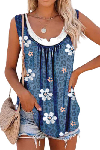 Blue Floral Leopard Ruched Loose Tank Top  LC2563235-5