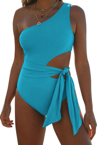 Sky Blue One Shoulder Cut out One-piece Swimsuit LC442719-4