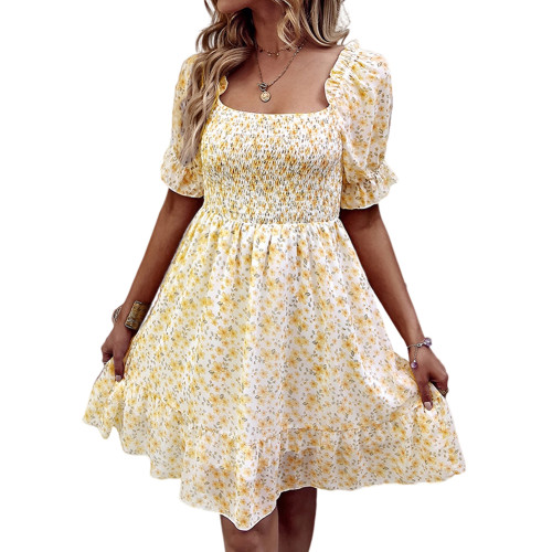 Yellow Ruffle Hem Square Neck Chiffon Floral Dress TQK311061-7