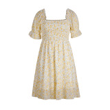 Yellow Ruffle Hem Square Neck Chiffon Floral Dress TQK311061-7