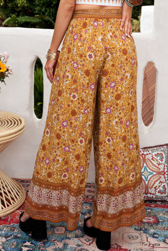 Orange Boho Floral Print Wide Leg Casual Pants with Tie LC772912-14