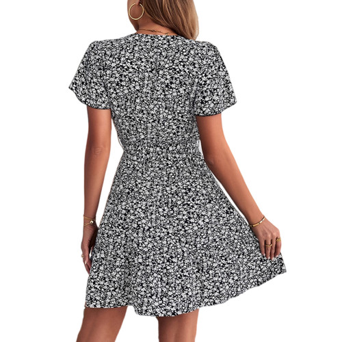 Black Short Sleeve V Neck Floral Dress with Belt TQK311057-2