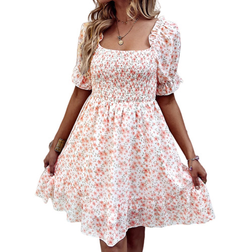 Light Pink Ruffle Hem Square Neck Chiffon Floral Dress TQK311061-39