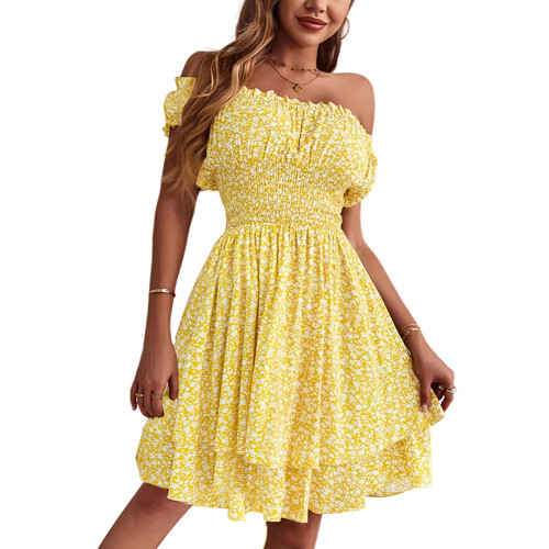 Yellow Layered Ruffled Off Shoulder Floral Dress TQK311058-7