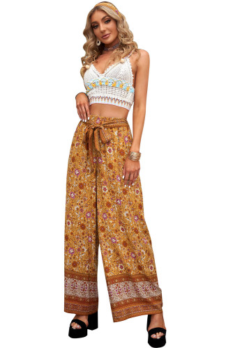 Orange Boho Floral Print Wide Leg Casual Pants with Tie LC772912-14