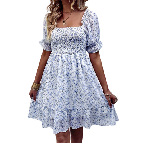 Light Blue Ruffle Hem Square Neck Chiffon Floral Dress TQK311061-30