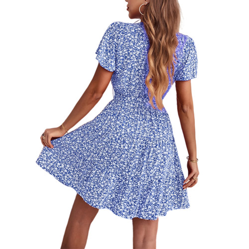 Blue Short Sleeve V Neck Floral Dress with Belt TQK311057-5