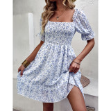 Light Blue Ruffle Hem Square Neck Chiffon Floral Dress TQK311061-30