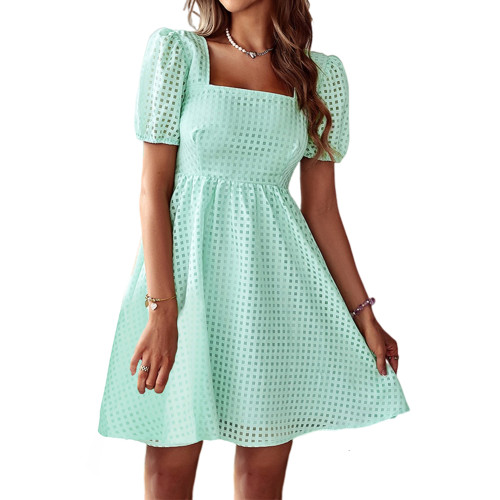 Solid Light Green Square Neck Short Sleeve Mini Dress TQK311060-28