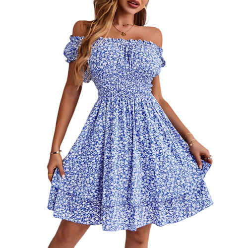 Blue Layered Ruffled Off Shoulder Floral Dress TQK311058-5