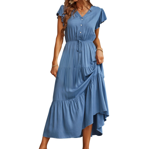 Blue Ruffled Sleeves V-neck Drawstring Waist Casual Dress TQK311063-5