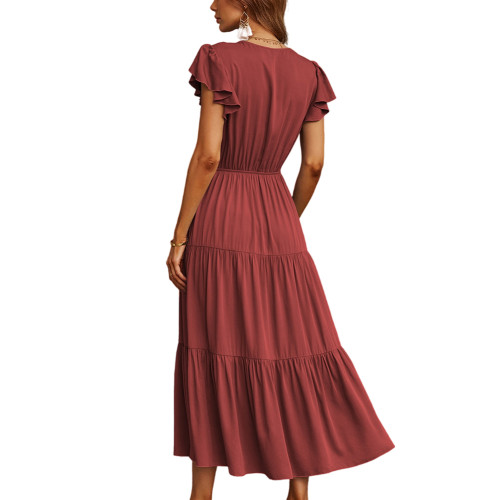 Rust Red Ruffled Sleeves V-neck Drawstring Waist Casual Dress TQK311063-33