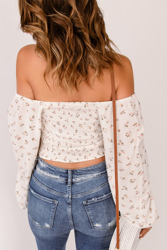 White Off-shoulder Floral Print Puff Sleeve Crop Top LC25114789-1