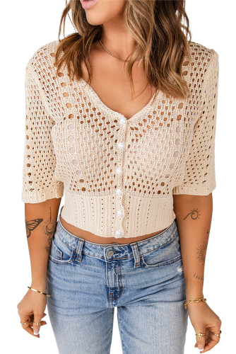 Beige Open-Front Buttons Hollow-out Knit Crop Top LC2541353-15